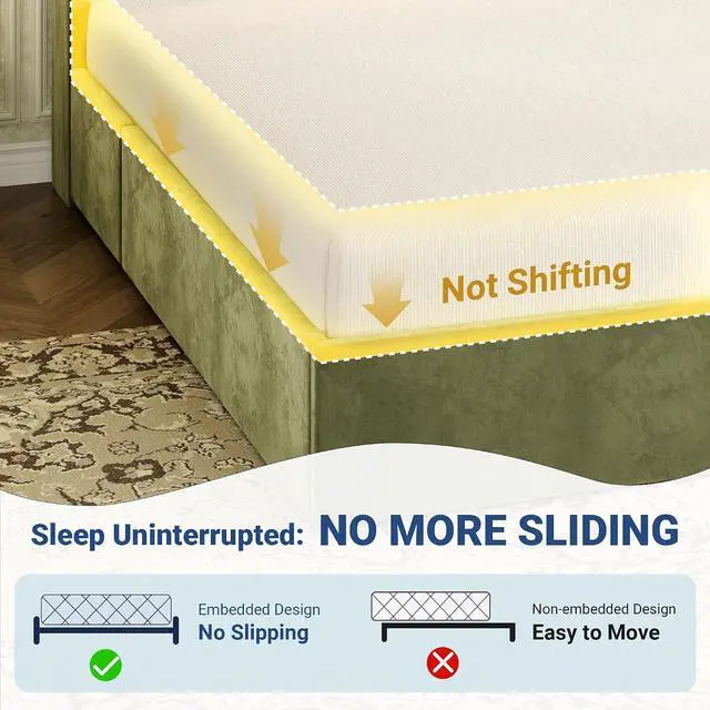 Alt view image 6 of 7 - Queen Upholstered Platform Bed Frame with 3 Spacious Storage Drawers, Built-in LED Lights & Charging Station, Vertical Tufted Headboard with Shelf, No Box Spring Needed, Velvet Green