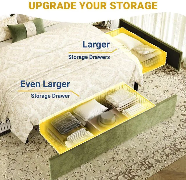 Alt view image 4 of 7 - Queen Upholstered Platform Bed Frame with 3 Spacious Storage Drawers, Built-in LED Lights & Charging Station, Vertical Tufted Headboard with Shelf, No Box Spring Needed, Velvet Green