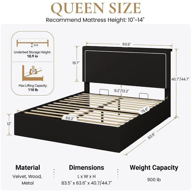 Alt view image 2 of 7 - Queen Size Hydraulic Lift-Up Storage Platform Bed Frame with Charging Station, RGB LED Lights, Adjustable Velvet Headboard, USB-A and USB-C Ports, No Box Spring Needed, Black