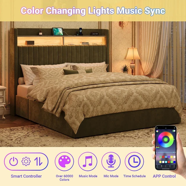 Alt view image 5 of 7 - Queen Upholstered Platform Bed Frame with 3 Spacious Storage Drawers, Built-in LED Lights & Charging Station, Vertical Tufted Headboard with Shelf, No Box Spring Needed, Velvet Green