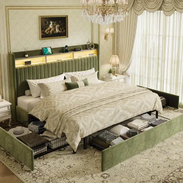 Main image of King Upholstered Platform Bed Frame with 3 Spacious Storage Drawers, Built-in LED Lights & Charging Station, Vertical Tufted Headboard with Shelf, No Box Spring Needed, Velvet Green