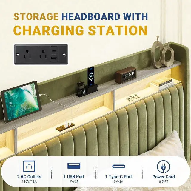 Alt view image 3 of 7 - King Upholstered Platform Bed Frame with 3 Spacious Storage Drawers, Built-in LED Lights & Charging Station, Vertical Tufted Headboard with Shelf, No Box Spring Needed, Velvet Green