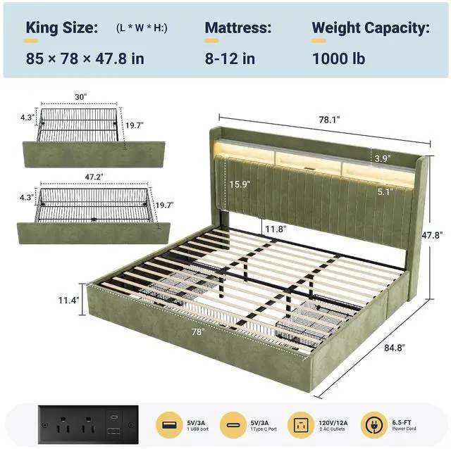 Alt view image 2 of 7 - King Upholstered Platform Bed Frame with 3 Spacious Storage Drawers, Built-in LED Lights & Charging Station, Vertical Tufted Headboard with Shelf, No Box Spring Needed, Velvet Green