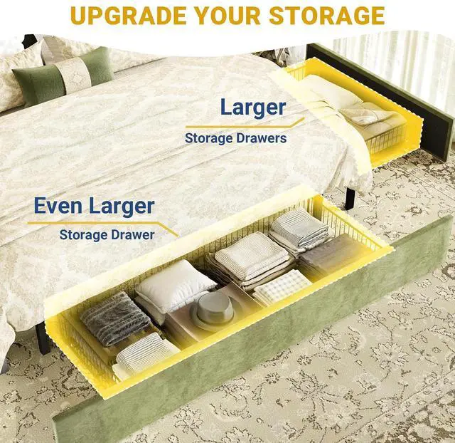 Alt view image 4 of 7 - King Upholstered Platform Bed Frame with 3 Spacious Storage Drawers, Built-in LED Lights & Charging Station, Vertical Tufted Headboard with Shelf, No Box Spring Needed, Velvet Green