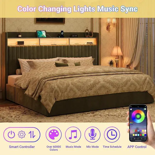Alt view image 5 of 7 - King Upholstered Platform Bed Frame with 3 Spacious Storage Drawers, Built-in LED Lights & Charging Station, Vertical Tufted Headboard with Shelf, No Box Spring Needed, Velvet Green