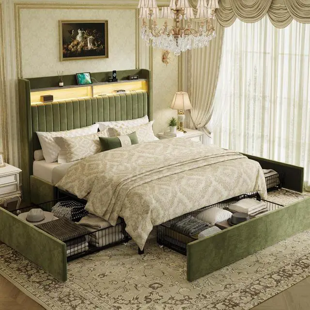 Main image of Full Upholstered Platform Bed Frame with 3 Spacious Storage Drawers, Built-in LED Lights & Charging Station, Vertical Tufted Headboard with Shelf, No Box Spring Needed, Velvet Green