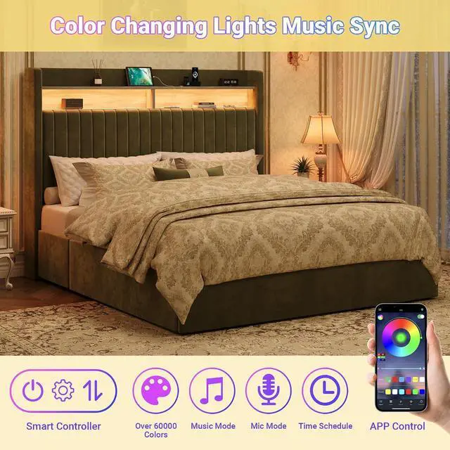 Alt view image 5 of 7 - Full Upholstered Platform Bed Frame with 3 Spacious Storage Drawers, Built-in LED Lights & Charging Station, Vertical Tufted Headboard with Shelf, No Box Spring Needed, Velvet Green