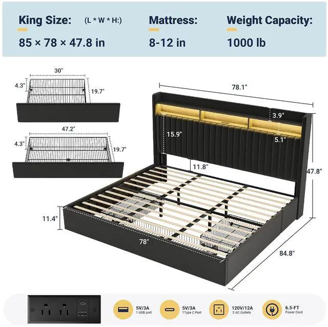 Alt view image 2 of 7 - King Upholstered Platform Bed Frame with 3 Spacious Storage Drawers, Built-in LED Lights & Charging Station, Vertical Tufted Headboard with Shelf, No Box Spring Needed, Velvet Black