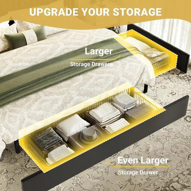 Alt view image 4 of 7 - King Upholstered Platform Bed Frame with 3 Spacious Storage Drawers, Built-in LED Lights & Charging Station, Vertical Tufted Headboard with Shelf, No Box Spring Needed, Velvet Black