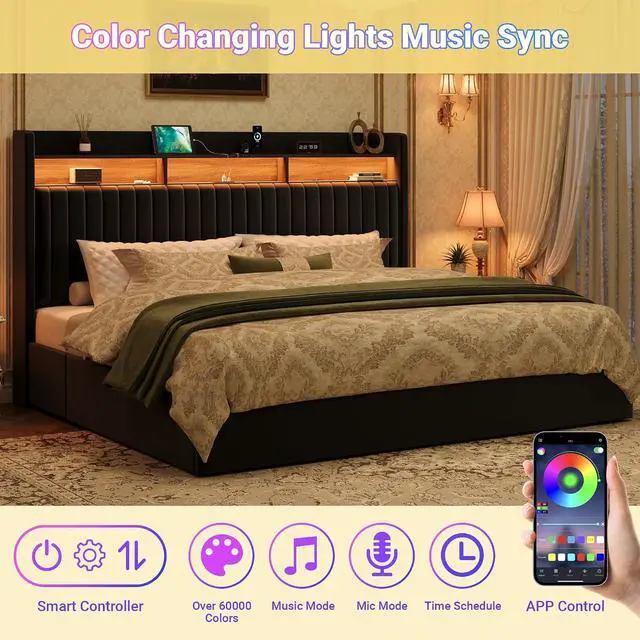 Alt view image 5 of 7 - King Upholstered Platform Bed Frame with 3 Spacious Storage Drawers, Built-in LED Lights & Charging Station, Vertical Tufted Headboard with Shelf, No Box Spring Needed, Velvet Black