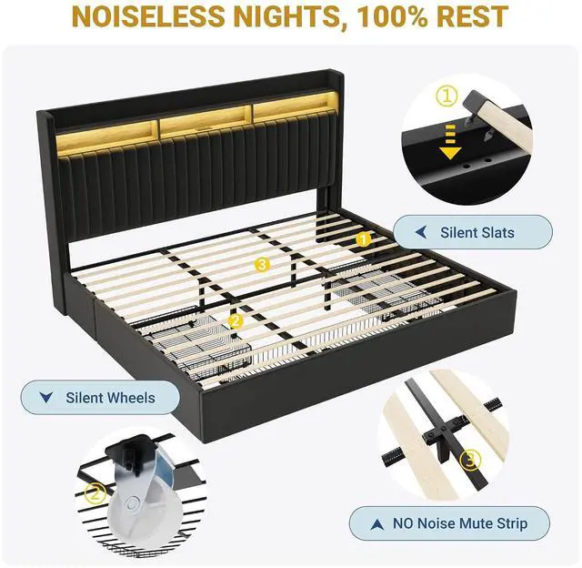 Alt view image 7 of 7 - King Upholstered Platform Bed Frame with 3 Spacious Storage Drawers, Built-in LED Lights & Charging Station, Vertical Tufted Headboard with Shelf, No Box Spring Needed, Velvet Black