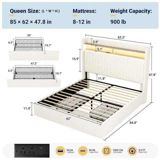 Alt view image 2 of 7 - Queen Upholstered Platform Bed Frame with 3 Spacious Storage Drawers, Built-in LED Lights & Charging Station, Vertical Tufted Headboard with Shelf, No Box Spring Needed, Chenille White