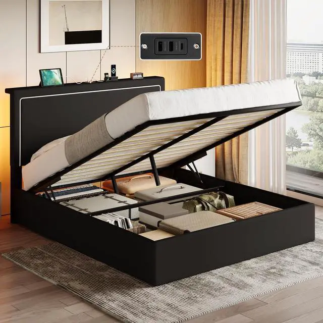 Main image of Queen Size Hydraulic Lift-Up Storage Platform Bed Frame with Charging Station, RGB LED Lights, Adjustable Velvet Headboard, USB-A and USB-C Ports, No Box Spring Needed, Black