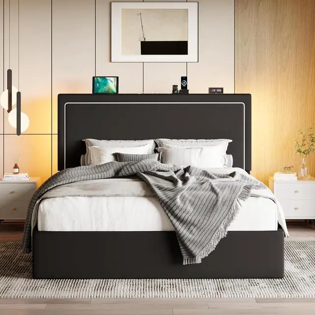 Alt view image 3 of 7 - Queen Size Hydraulic Lift-Up Storage Platform Bed Frame with Charging Station, RGB LED Lights, Adjustable Velvet Headboard, USB-A and USB-C Ports, No Box Spring Needed, Black