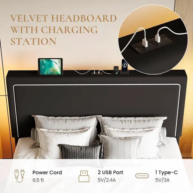 Alt view image 4 of 7 - Queen Size Hydraulic Lift-Up Storage Platform Bed Frame with Charging Station, RGB LED Lights, Adjustable Velvet Headboard, USB-A and USB-C Ports, No Box Spring Needed, Black