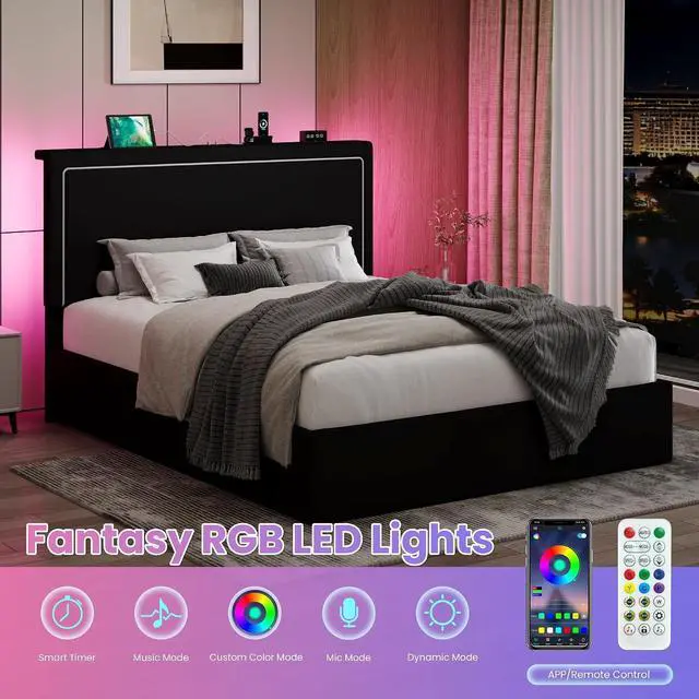Alt view image 5 of 7 - Queen Size Hydraulic Lift-Up Storage Platform Bed Frame with Charging Station, RGB LED Lights, Adjustable Velvet Headboard, USB-A and USB-C Ports, No Box Spring Needed, Black