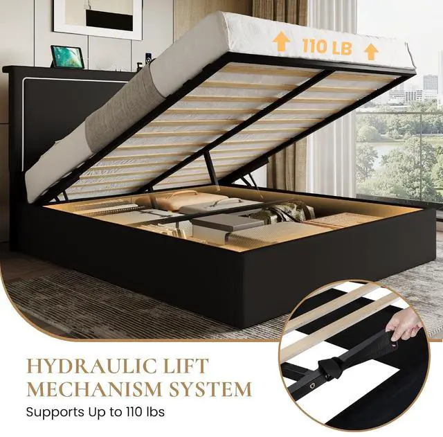 Alt view image 6 of 7 - Queen Size Hydraulic Lift-Up Storage Platform Bed Frame with Charging Station, RGB LED Lights, Adjustable Velvet Headboard, USB-A and USB-C Ports, No Box Spring Needed, Black