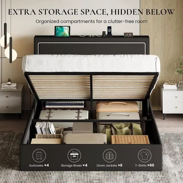 Alt view image 7 of 7 - Queen Size Hydraulic Lift-Up Storage Platform Bed Frame with Charging Station, RGB LED Lights, Adjustable Velvet Headboard, USB-A and USB-C Ports, No Box Spring Needed, Black
