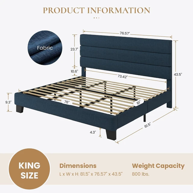 Alt view image 2 of 7 - King Platform Bed Frame with Upholstered Fabric Headboard, Mattress Foundation with Strong Wooden Slats Support, No Box Spring Needed, Blue