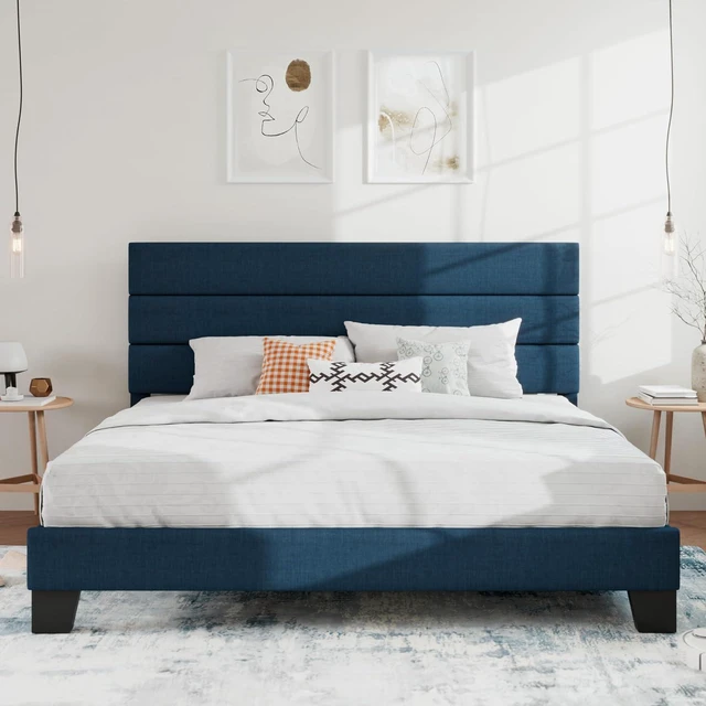 Main image of King Platform Bed Frame with Upholstered Fabric Headboard, Mattress Foundation with Strong Wooden Slats Support, No Box Spring Needed, Blue
