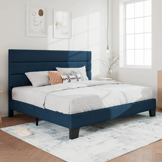 Alt view image 3 of 7 - King Platform Bed Frame with Upholstered Fabric Headboard, Mattress Foundation with Strong Wooden Slats Support, No Box Spring Needed, Blue