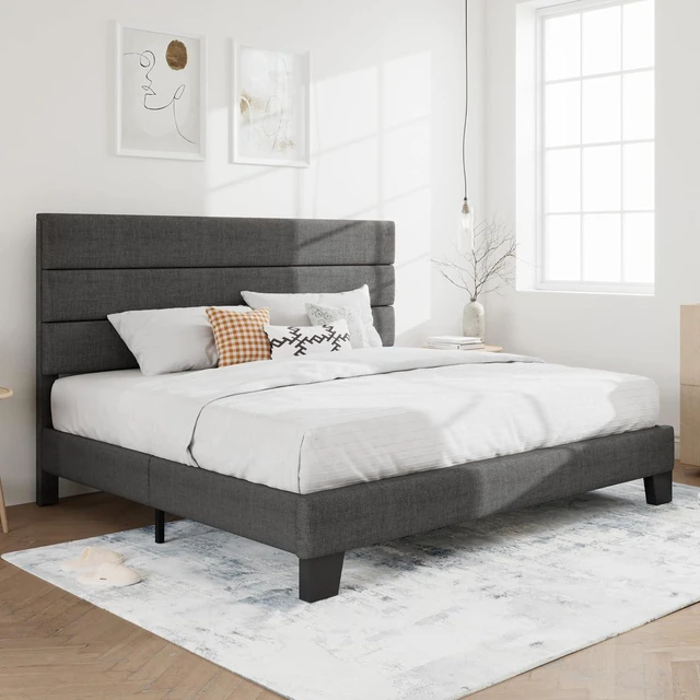 Alt view image 3 of 7 - King Platform Bed Frame with Upholstered Fabric Headboard, Mattress Foundation with Strong Wooden Slats Support, No Box Spring Needed, Grey