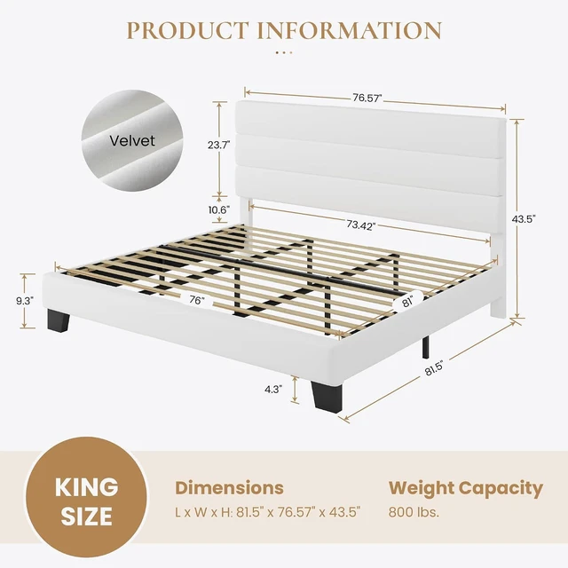 Alt view image 2 of 7 - King Platform Bed Frame with Velvet Upholstered Headboard, Mattress Foundation with Strong Wooden Slats Support, No Box Spring Needed, White
