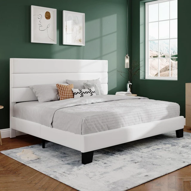 Alt view image 3 of 7 - King Platform Bed Frame with Velvet Upholstered Headboard, Mattress Foundation with Strong Wooden Slats Support, No Box Spring Needed, White