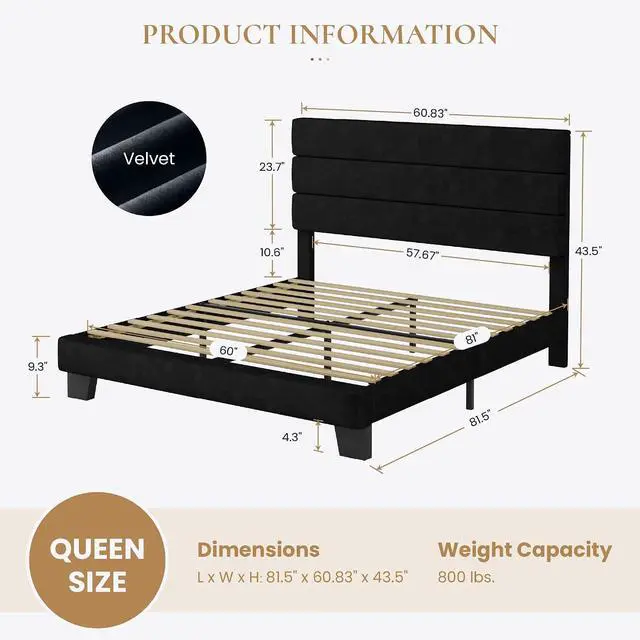 Alt view image 2 of 7 - Queen Platform Bed Frame with Velvet Upholstered Headboard, Mattress Foundation with Strong Wooden Slats Support, No Box Spring Needed, Black