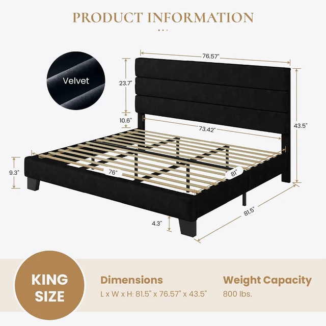 Alt view image 2 of 7 - King Platform Bed Frame with Velvet Upholstered Headboard, Mattress Foundation with Strong Wooden Slats Support, No Box Spring Needed, Black