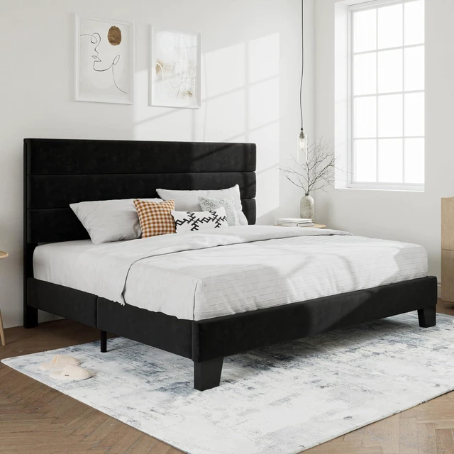 Alt view image 3 of 7 - King Platform Bed Frame with Velvet Upholstered Headboard, Mattress Foundation with Strong Wooden Slats Support, No Box Spring Needed, Black