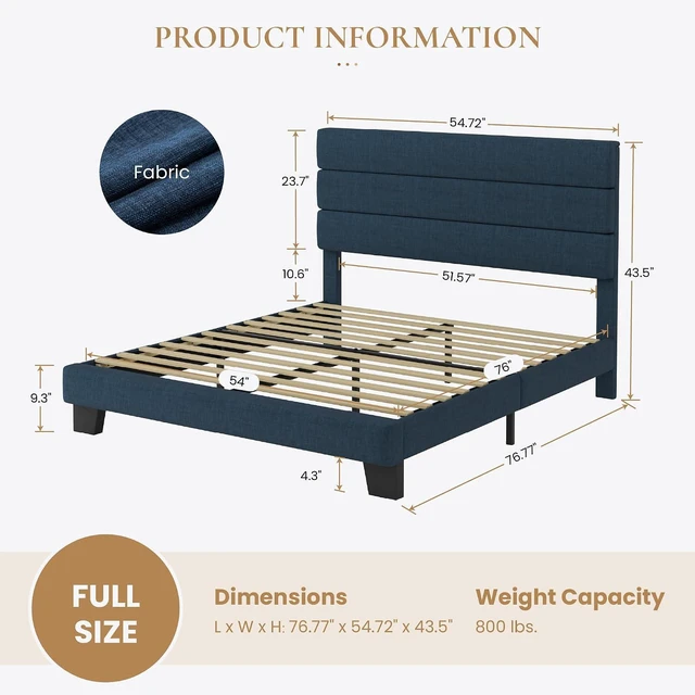 Alt view image 2 of 7 - Full Platform Bed Frame with Upholstered Fabric Headboard, Mattress Foundation with Strong Wooden Slats Support, No Box Spring Needed, Blue