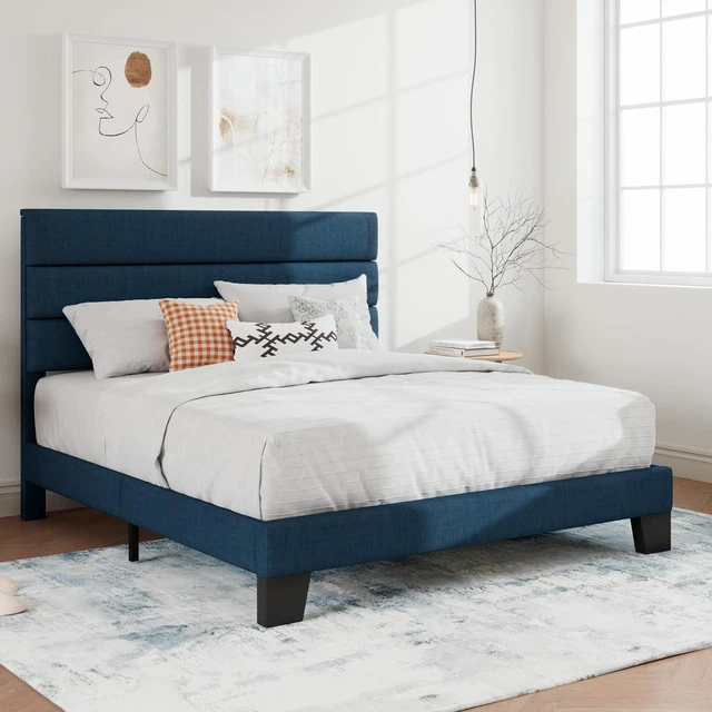Alt view image 3 of 7 - Full Platform Bed Frame with Upholstered Fabric Headboard, Mattress Foundation with Strong Wooden Slats Support, No Box Spring Needed, Blue