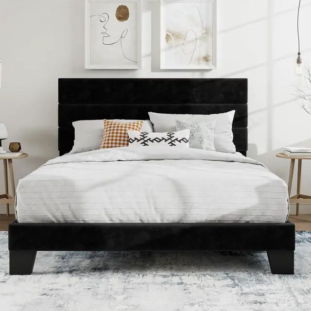 Main image of Queen Platform Bed Frame with Velvet Upholstered Headboard, Mattress Foundation with Strong Wooden Slats Support, No Box Spring Needed, Black