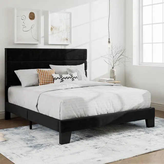 Alt view image 3 of 7 - Queen Platform Bed Frame with Velvet Upholstered Headboard, Mattress Foundation with Strong Wooden Slats Support, No Box Spring Needed, Black