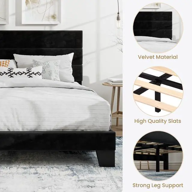 Alt view image 7 of 7 - Queen Platform Bed Frame with Velvet Upholstered Headboard, Mattress Foundation with Strong Wooden Slats Support, No Box Spring Needed, Black