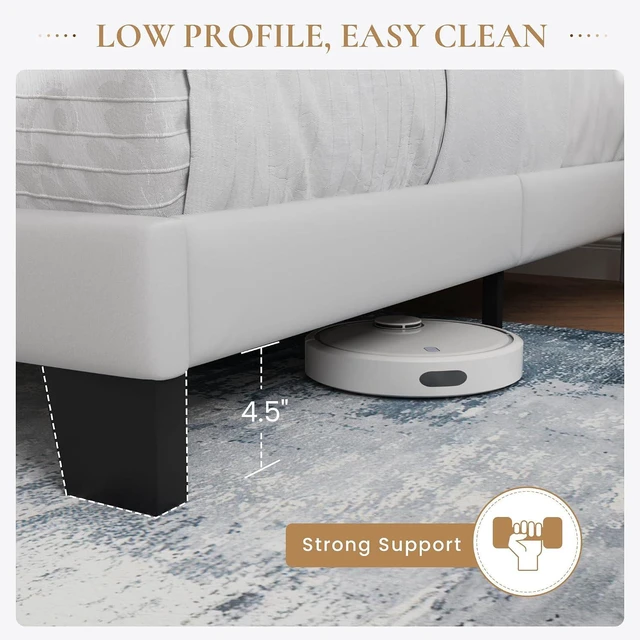 Alt view image 5 of 7 - King Platform Bed Frame with Velvet Upholstered Headboard, Mattress Foundation with Strong Wooden Slats Support, No Box Spring Needed, White
