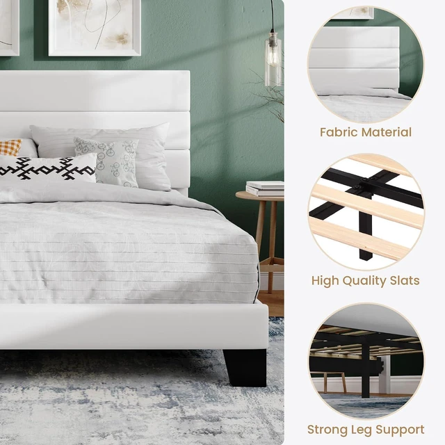 Alt view image 7 of 7 - King Platform Bed Frame with Velvet Upholstered Headboard, Mattress Foundation with Strong Wooden Slats Support, No Box Spring Needed, White