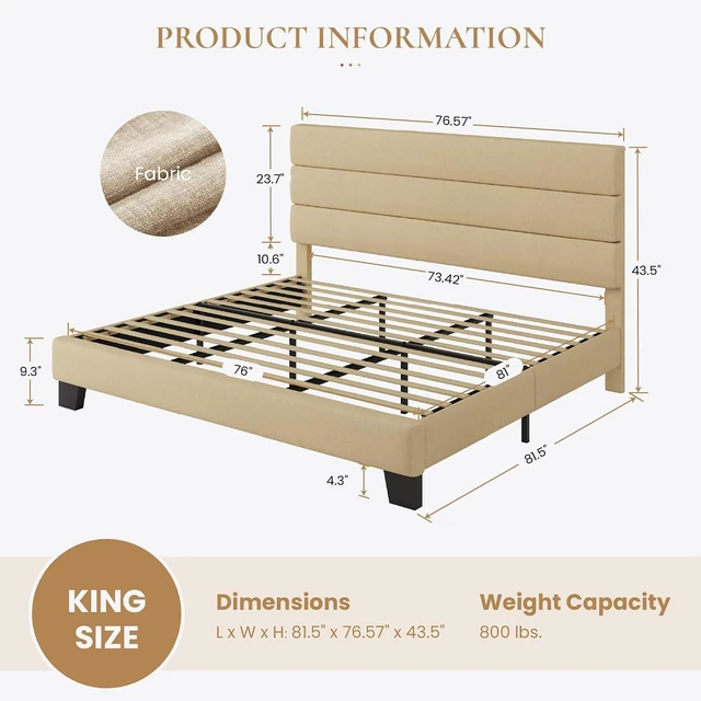 Alt view image 2 of 7 - King Platform Bed Frame with Upholstered Fabric Headboard, Mattress Foundation with Strong Wooden Slats Support, No Box Spring Needed, Beige