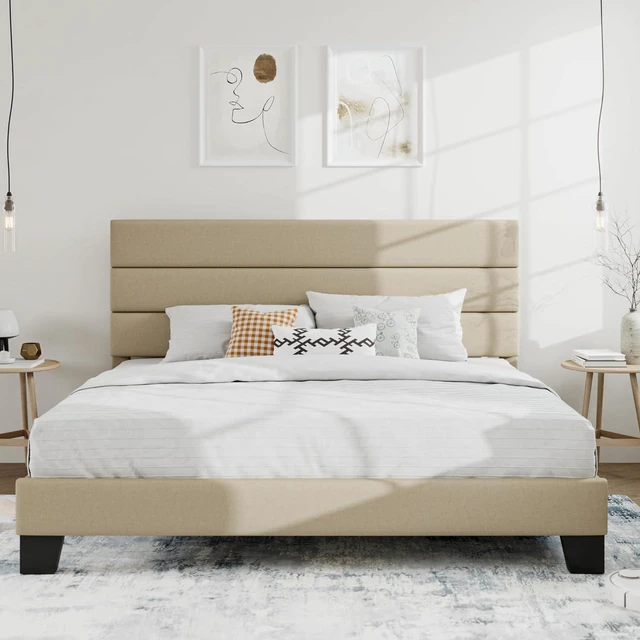 Main image of King Platform Bed Frame with Upholstered Fabric Headboard, Mattress Foundation with Strong Wooden Slats Support, No Box Spring Needed, Beige