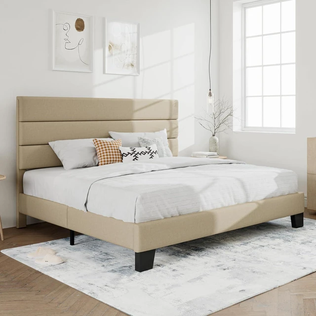 Alt view image 3 of 7 - King Platform Bed Frame with Upholstered Fabric Headboard, Mattress Foundation with Strong Wooden Slats Support, No Box Spring Needed, Beige