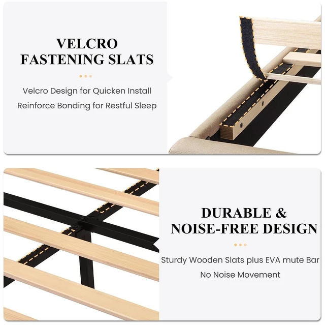 Alt view image 6 of 7 - King Platform Bed Frame with Upholstered Fabric Headboard, Mattress Foundation with Strong Wooden Slats Support, No Box Spring Needed, Beige