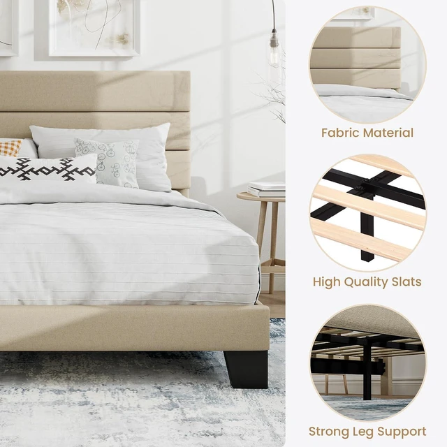 Alt view image 7 of 7 - King Platform Bed Frame with Upholstered Fabric Headboard, Mattress Foundation with Strong Wooden Slats Support, No Box Spring Needed, Beige
