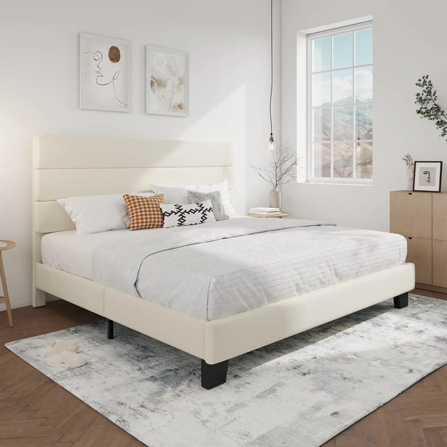 Alt view image 3 of 7 - King Platform Bed Frame with Velvet Upholstered Headboard, Mattress Foundation with Strong Wooden Slats Support, No Box Spring Needed, Cream