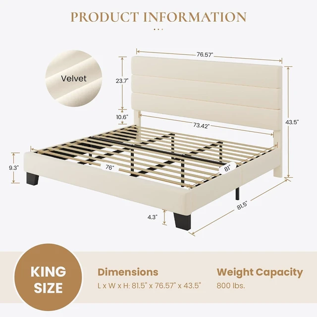 Alt view image 2 of 7 - King Platform Bed Frame with Velvet Upholstered Headboard, Mattress Foundation with Strong Wooden Slats Support, No Box Spring Needed, Cream