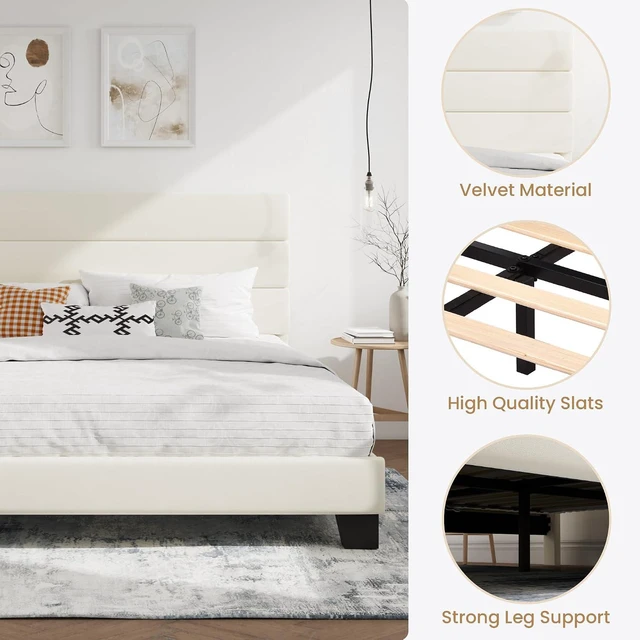 Alt view image 6 of 7 - King Platform Bed Frame with Velvet Upholstered Headboard, Mattress Foundation with Strong Wooden Slats Support, No Box Spring Needed, Cream