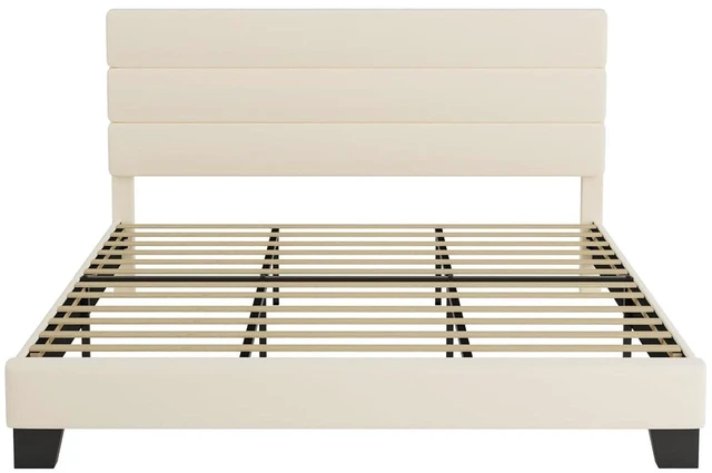 Alt view image 7 of 7 - King Platform Bed Frame with Velvet Upholstered Headboard, Mattress Foundation with Strong Wooden Slats Support, No Box Spring Needed, Cream