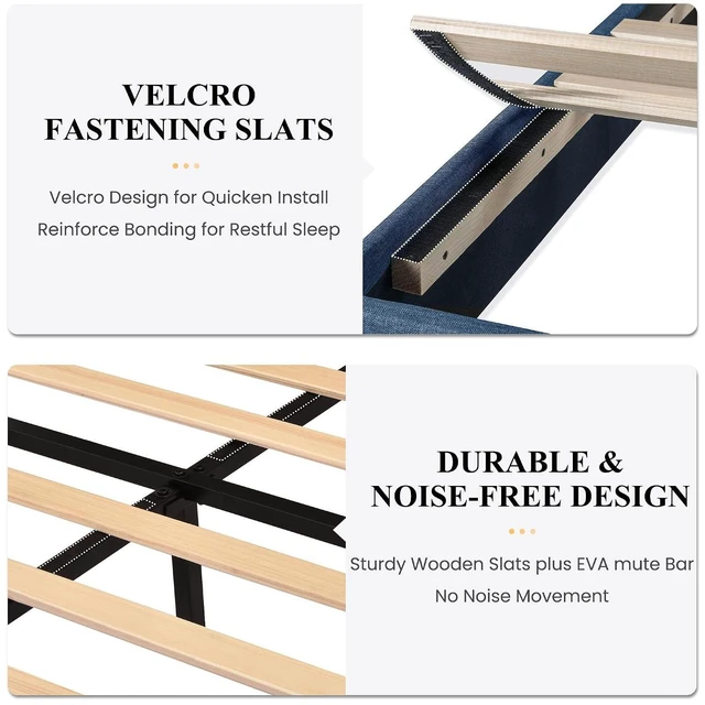 Alt view image 6 of 7 - King Platform Bed Frame with Upholstered Fabric Headboard, Mattress Foundation with Strong Wooden Slats Support, No Box Spring Needed, Blue