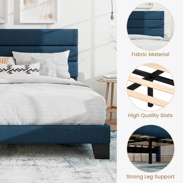 Alt view image 7 of 7 - King Platform Bed Frame with Upholstered Fabric Headboard, Mattress Foundation with Strong Wooden Slats Support, No Box Spring Needed, Blue