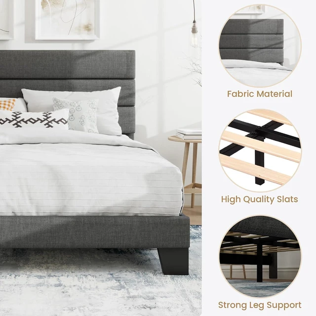 Alt view image 7 of 7 - King Platform Bed Frame with Upholstered Fabric Headboard, Mattress Foundation with Strong Wooden Slats Support, No Box Spring Needed, Grey